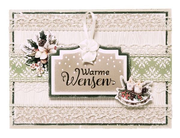 A handmade Christmas greeting card with the German text 'Warme Wensen' (meaning 'Warm Expectations') in black script on a beige tag. The card features a layered design with cream and sage green textured paper, lace borders, a white hanging ribbon, a floral accent on the left, and a miniature snow-covered gift box on the right.