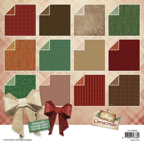 Collection of patterned paper sheets with a bow and 'Cottage Christmas' label on a beige background.