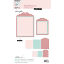 Studio Light / Creative Crafted scallop label cutting dies sheet, featuring pink, mint green, and white layered scalloped label templates with dimensions and branding on a white background.