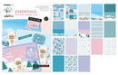 Collection of winter-themed paper sheets with designs and text on a white background