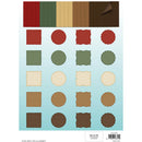 A flat sheet of craft paper or sticker/template cards showing multiple geometric shapes and wood-grain color swatches arranged in a grid, with a light blue background and a small barcode label at the bottom.