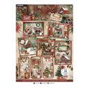 Studio Cart Christmas scrapbook paper sheet featuring 12 different festive designs, including cozy cabins, decorated Christmas trees, snow scenes, and holiday signs in a warm, vintage palette.