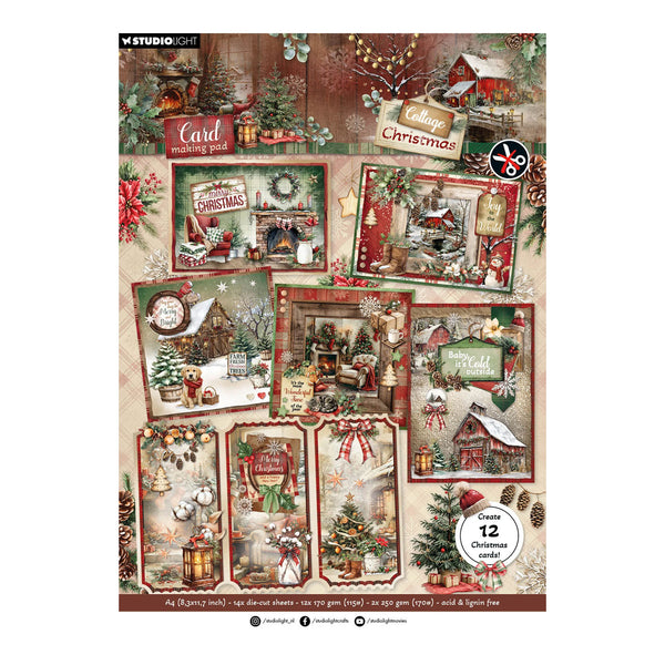 Studio Cart Christmas scrapbook paper sheet featuring 12 different festive designs, including cozy cabins, decorated Christmas trees, snow scenes, and holiday signs in a warm, vintage palette.