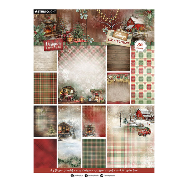 Studio Art Christmas scrapbook paper pack featuring 36 designs in a rustic holiday theme with plaid patterns, snowy cabins, Christmas trees, and warm red, green, beige, and brown tones.