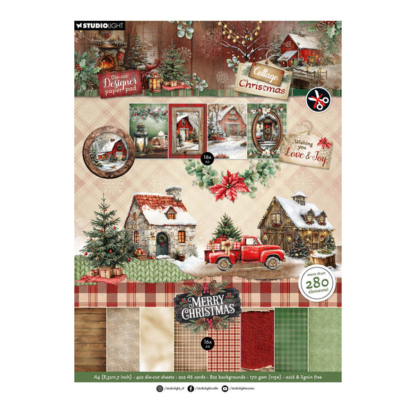 A Studio Art scrapbooking paper sheet featuring a Christmas collage design with vintage houses, trees, a red pickup truck, holiday signs, plaid patterns, and multiple color swatches at the bottom.