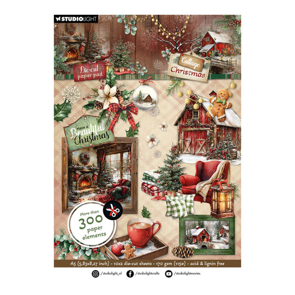 Studio Light A6 die-cut scrapbook paper sheet featuring a cozy Christmas village and cabin collage with red cabins, evergreen trees, holiday lights, a red mug, and rustic decorations on a beige plaid background.