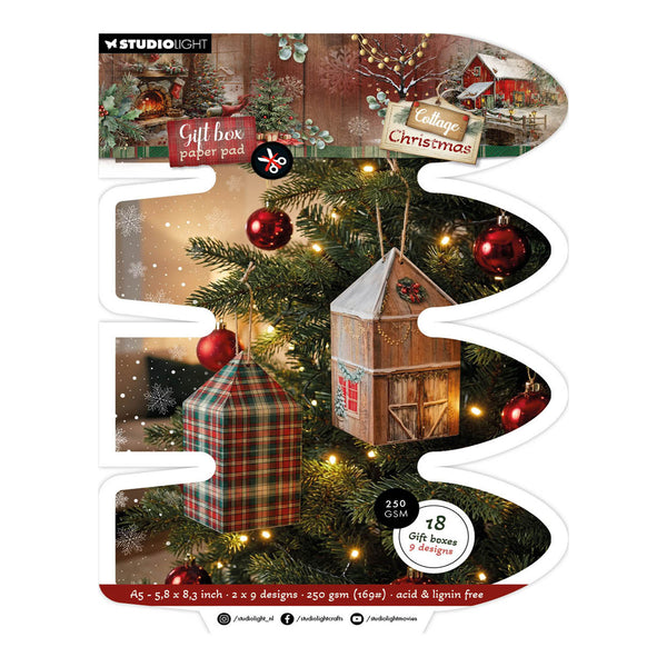 Studio Light Christmas gift box paper pad featuring 18 festive designs, including a cottage Christmas scene, a plaid gift box, and a wooden birdhouse ornament, displayed on a white background.