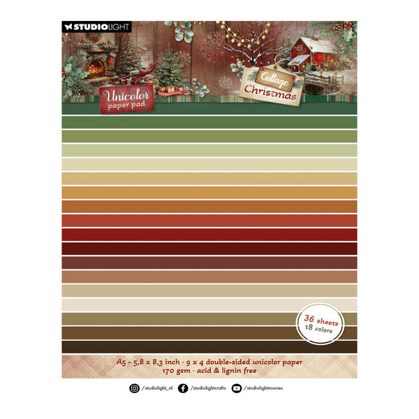 A Studio Light 'Color & Lighting Christmas' unicolor paper pad cover and color swatch display. The top portion shows a festive collage of Christmas-themed scrapbooking papers, while the bottom portion features a clean, multi-colored horizontal stripe grid representing the 18 double-sided unicolor sheets included in the pack.