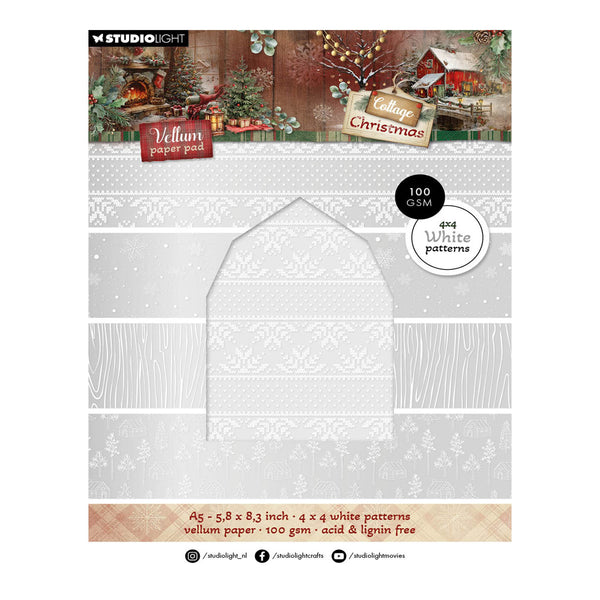 Y Studio Light Christmas collage paper pack, sheet 414 White patterns, featuring a festive collage header with Christmas scenes and a central preview of the white patterned vellum paper.