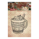 Studio Light Clear Stamp 'Cozy Cocoa' holiday-themed stamp design featuring a black line art illustration of a mug filled with cocoa and whipped cream, set against a beige plaid background with a Christmas collage header.
