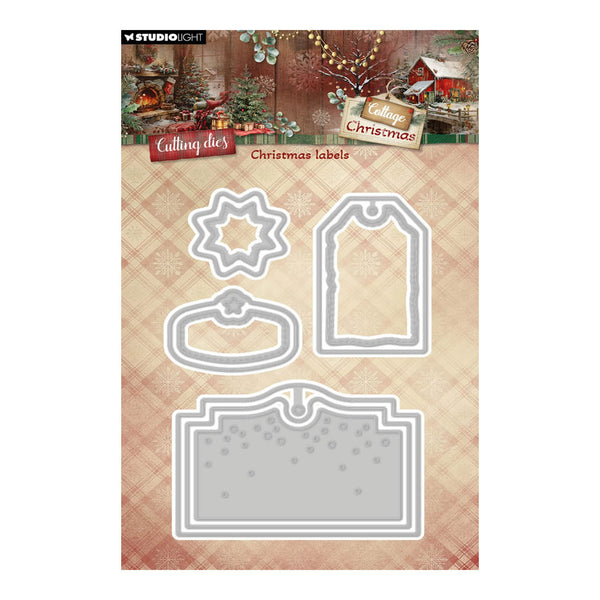 Studio Light cutting dies sheet for Christmas labels, featuring four gray metal die shapes on a beige plaid background with a Christmas-themed header card.