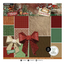 Studio Light 'Collage Christmas' double-sided paper pack featuring 60 sheets and 12 double-sided patterns, showcasing a variety of festive colors and textures including red plaid, green gingham, brown wood grain, and a large red patterned bow.