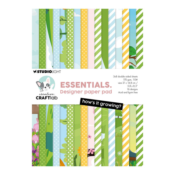 Designer paper pad with various patterns on a white background