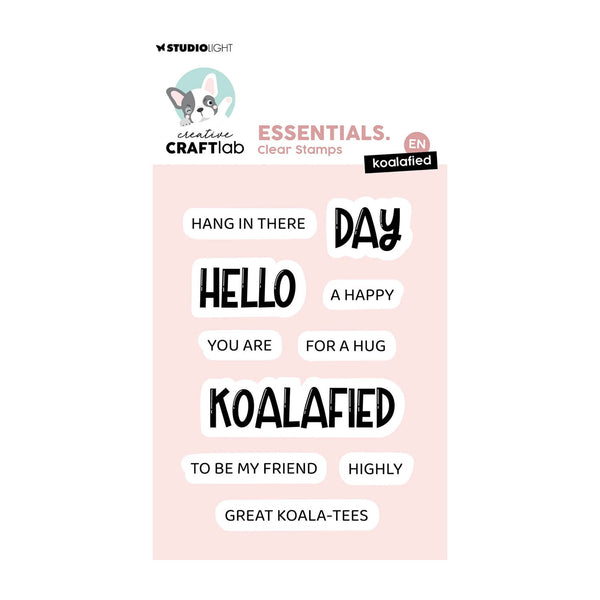 Packaging of Studio Light Creative Craft Lab clear stamps with text and a koala illustration on a pink background.