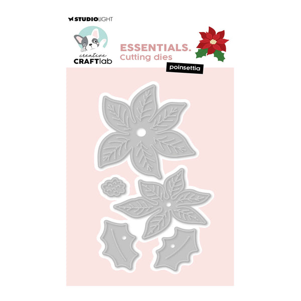 V Studio Light Essentials Cutting Dies set by Creative Craftlab, featuring poinsettia flower and holly die-cut shapes in silver metal over a pale pink background.
