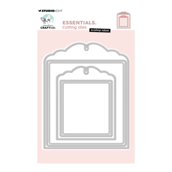 Studio Light Scaloop Label Essentials cutting dies set by Crafter's Companion, featuring a silver metal die template for scalloped labels on a light pink backing card.