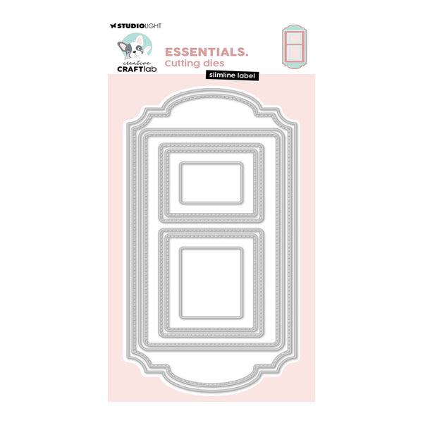 Studio Light by CrafTib Simile Label cutting dies set, featuring multiple layered die templates for crafting labels, shown on a light pink backing card against a white background.