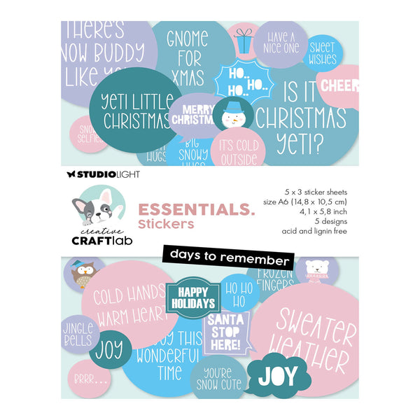 Sticker sheet packaging and preview for Studio Light x Craftab 'Essentials: Stickers' featuring Christmas-themed stickers in pastel colors on a white background.
