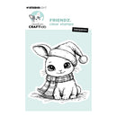 A clear stamp product package featuring a black-and-white line drawing of a bunny wearing a Santa hat and striped scarf on a pale blue panel, with Studio Light branding, the text 'FRIENDZ. clear stamps', and the name benjamin.