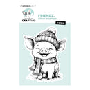 Studio Light Creative Craftlab 'frenchie' clear stamp packaging featuring a black and white line art illustration of a smiling pig wearing a plaid beanie and scarf, set against a light blue background.