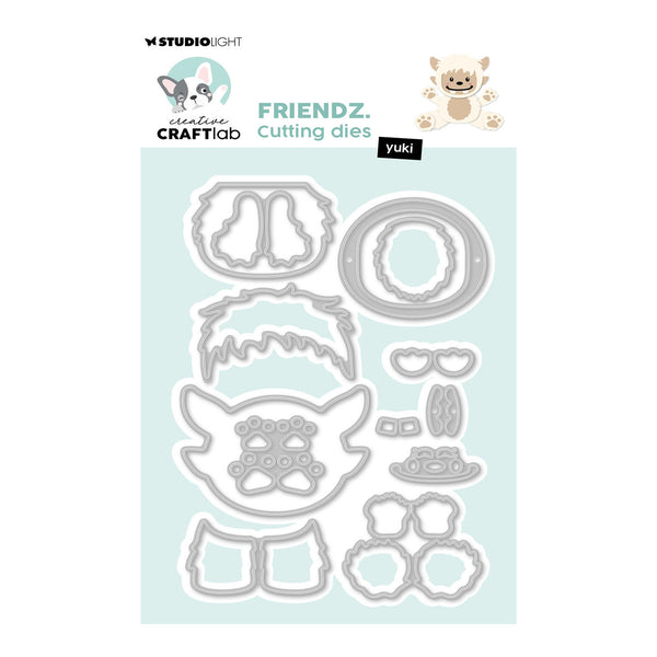 Studio Light Creative Craftlab 'Friendz. Cutting dies' Yuki stamping dies set, featuring multiple gray metal die shapes on a light blue backing card with product branding at the top.
