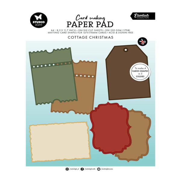 Card making paper pad cover featuring five sample paper cut shapes in olive green, tan, dark brown, red, and cream on a light blue background, with Studio 412 branding and the title 'Cottage Christmas'.