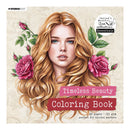 Front cover of the Studio Light 'Timeless Beauty Coloring Book' by Engine's Manual Art Collection Essentials. The cover features a detailed illustration of a young woman with long, wavy blonde hair and pink roses on a textured beige background.