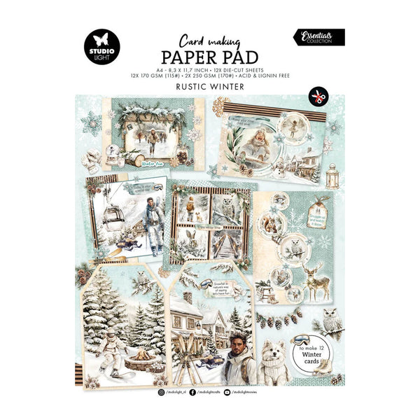 A card making paper pad titled 'Rustic Winter' from Studio 101 Essentials, featuring a collage of vintage-style winter-themed paper designs on a white background.