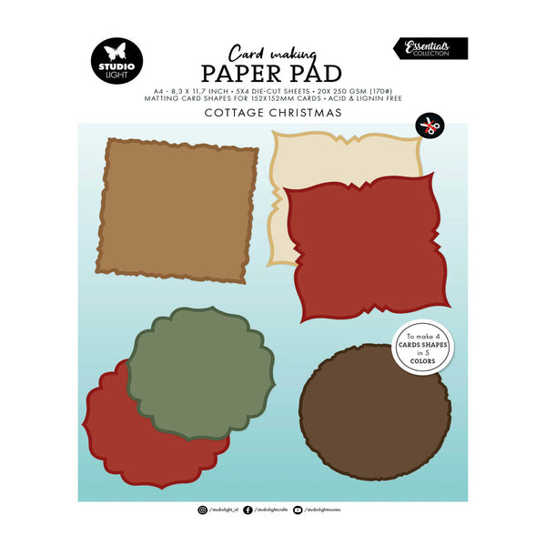Card making paper pad cover featuring four sample paper shapes in brown, beige, red, and green on a light blue background, with text reading 'Card making PAPER PAD' and 'Cottage Christmas'.