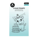 Clear stamps packaging with a hippo and birthday cake illustration on a light blue background.