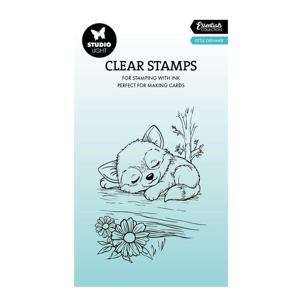 Clear stamps packaging with a sleeping fox design on a light blue background