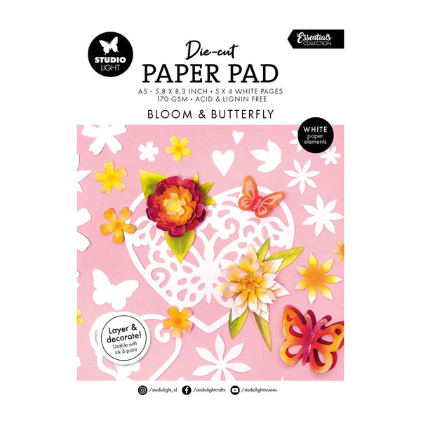 Die-cut paper pad with floral and butterfly designs on a pink background