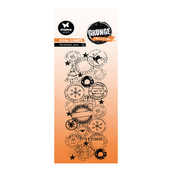 Set of clear stamps with grunge design on an orange cardstock packaging.
