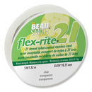 A spool of Bead Smith Flex-Rite 21 strand nylon-coated stainless steel beading thread, shown on a clean white background. The spool features a green and white label with yellow accents, and the product is labeled as 'clear' and 'transparent'.