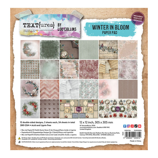 Textures by Lou Collins 'Winter in Bloom' 12x12 inch paper pad packaging, showing a grid of pastel winter-themed pattern sheets and decorative motifs on a kraft-paper style background.
