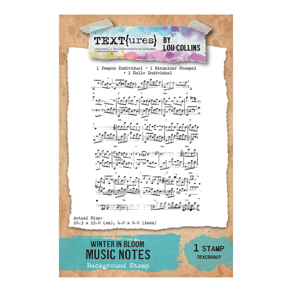 Textures by Lou Collins Winter in Bloom Music Notes Background Stamp, featuring a sheet of musical notation on a torn paper background with a textured teal and brown border.