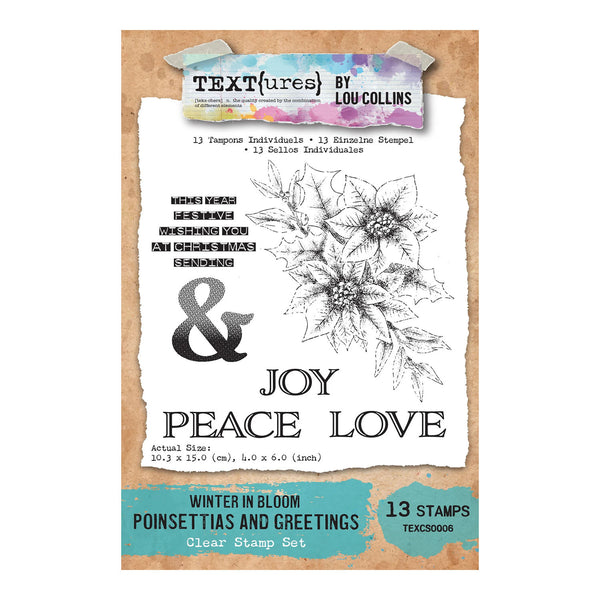 Textures by Lou Collins 'Winter in Bloom' clear stamp set packaging, featuring floral line art and text stamps on a kraft paper background with a teal bottom banner.