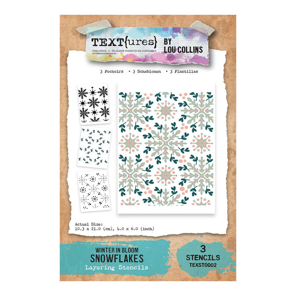 Textures by Lou Collins 'Winter in Bloom Snowflakes' layering stencils sheet, featuring three stencil designs with snowflake and floral motifs in teal, beige, and white on a kraft paper background.