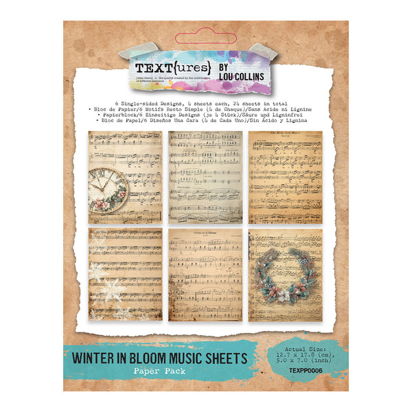 Product packaging for the 'Textures by Lou Collins' 'Winter in Bloom Music Sheets' paper pack, featuring a vintage aesthetic with aged sheet music, musical notes, a clock illustration, and floral accents on a textured tan background.