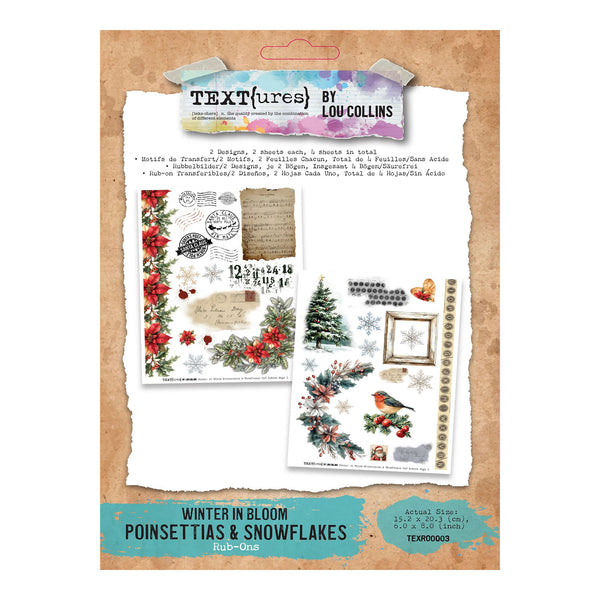 Textures by Lou Collins 'Winter in Bloom Poinsettias & Snowflakes' scrapbooking sticker sheet set, featuring various holiday-themed stickers on a kraft paper backing card.