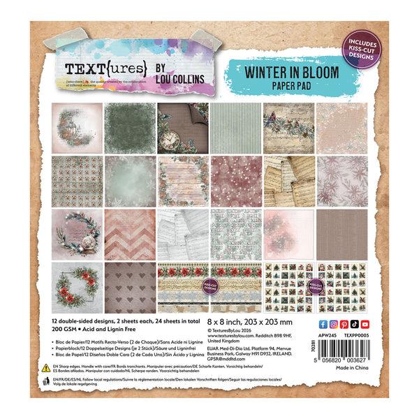 Textures by Lou Collins 'Winter in Bloom' paper pad packaging, showing a grid of 12 double-sided paper designs in soft winter and floral tones on a kraft paper background.