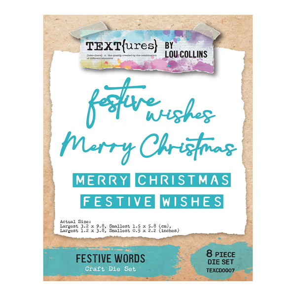 Textures by Lou Collins Festive Words Craft Die Set, featuring an 8-piece set for crafting Christmas-themed text designs, shown on a kraft paper background with a torn paper insert displaying the text 'festive wishes Merry Christmas'.