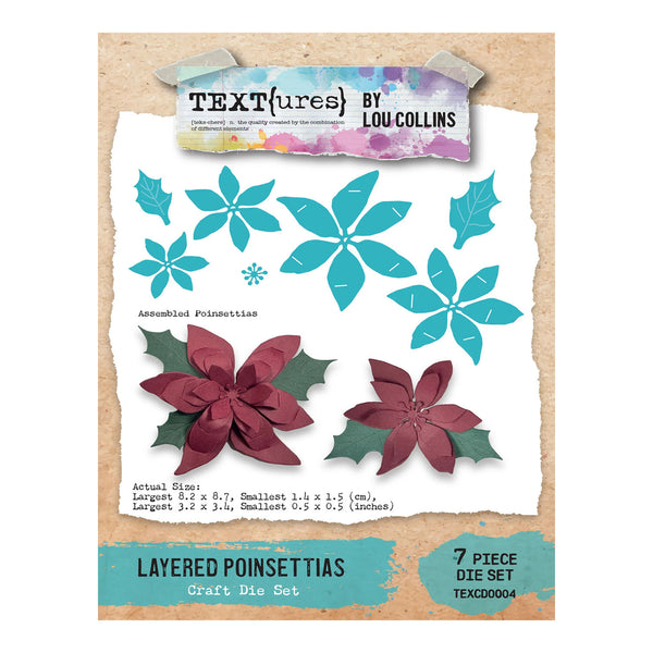 Textures by Lou Collins Layered Poinsettias craft die set, featuring a 7-piece set with teal and burgundy layered poinsettia flower shapes on a kraft paper background.