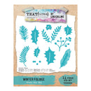 Textures by Lou Collins Winter Foliage Craft Die Set, featuring 11 teal-colored die-cut leaf and branch shapes on a white sheet with a kraft paper border and product details printed below.