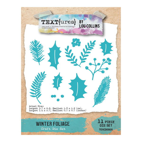 Textures by Lou Collins Winter Foliage Craft Die Set, featuring 11 teal-colored die-cut leaf and branch shapes on a white sheet with a kraft paper border and product details printed below.