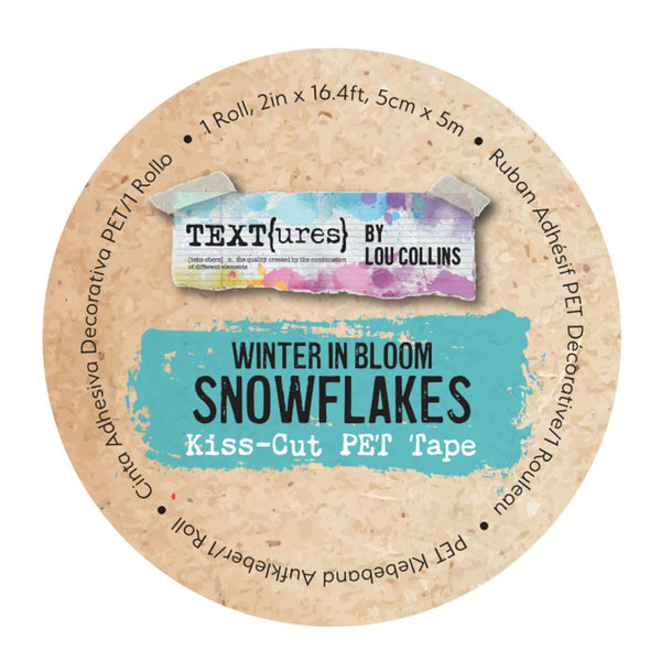 A round roll of Textures by Lou Collins Kiss-Cut PET Tape, labeled 'Winter in Bloom Snowflakes', on a clean white background.