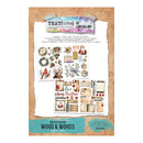 A package of Textures by Lou Collins 'Winter in Bloom Wood & Words' scrapbooking stickers, featuring various rustic Christmas-themed stickers like wreaths, birds, snow globes, and labels on a kraft paper background.