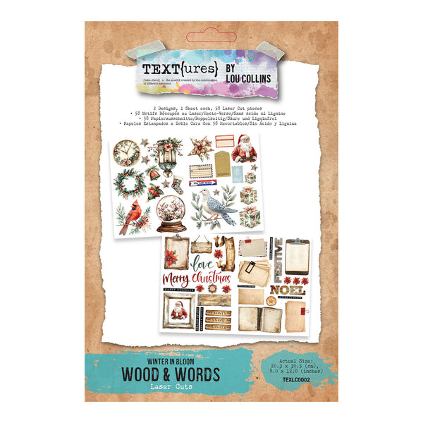 A package of Textures by Lou Collins 'Winter in Bloom Wood & Words' scrapbooking stickers, featuring various rustic Christmas-themed stickers like wreaths, birds, snow globes, and labels on a kraft paper background.