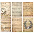 Six vintage-style sheet music panels arranged in a 2x3 grid, featuring aged tan paper with musical notes, a floral clock illustration, and floral wreaths.