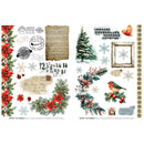 A sheet of Christmas-themed decorative stickers or scrapbook elements on a white background, featuring poinsettias, snowflakes, musical notes, postage stamps, a Christmas tree, a bird, a frame, and vintage-style text elements.